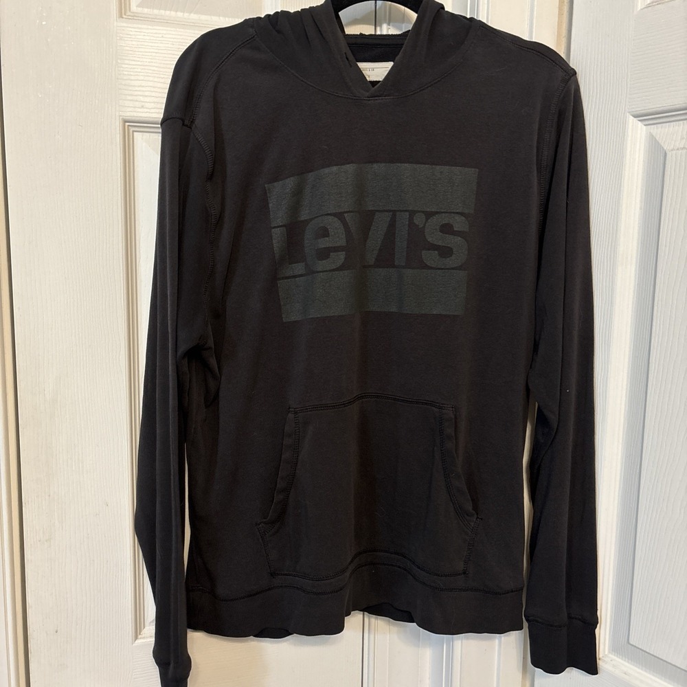 Levis Mens Logo Graphic Hoodie Sweatshirt Black Size M Pullover Distressed Hood